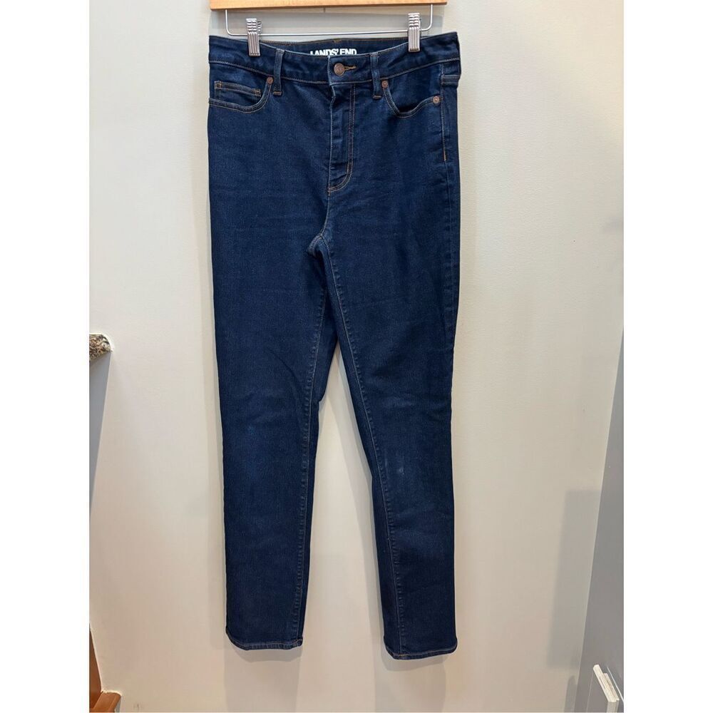 Lands’ End 10T dark wash high rise stretchy straight cut jeans